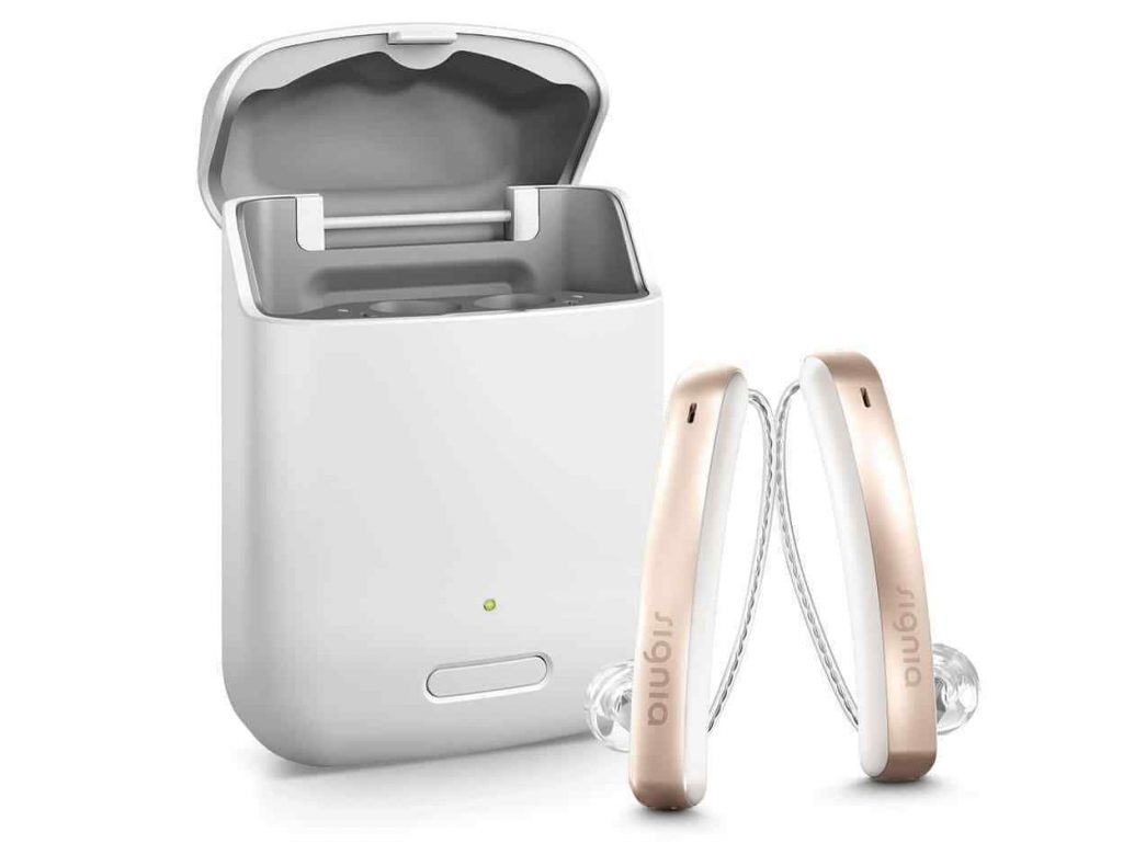 Signia Styletto hearing aids with charger case white