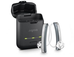 Styletto hearing aids with black charger case