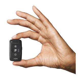 Signia miniPocket hearing aid remote control in a hand.