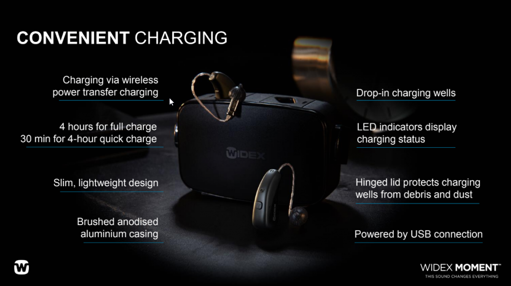 Widex Moment mRIC Rechargeable Hearing Aids with battery charger.