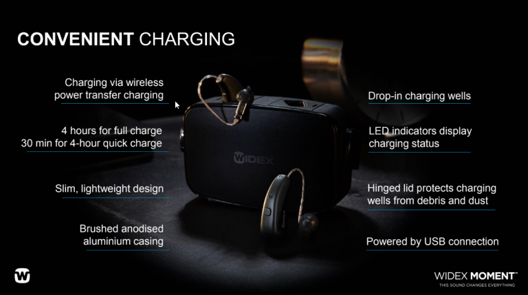 Widex Moment Sheer sRIC Rechargeable Hearing Aids with battery charger.