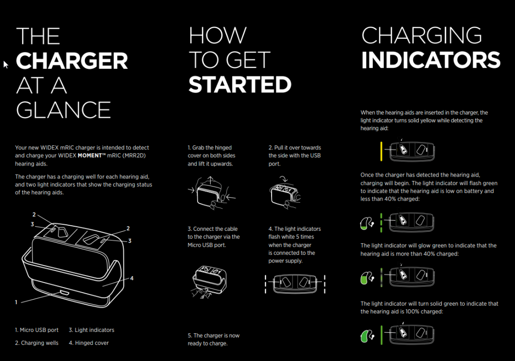 Widex mRIC Hearing Aid Charger At A Glance Brochure.