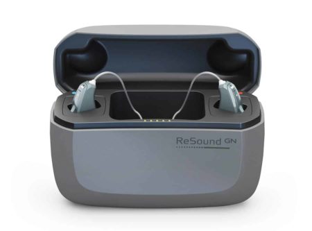 ReSound ONE rechargeable hearing aids with optional premium charger case.