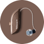ReSound Omnia hearing aid in bronze color.