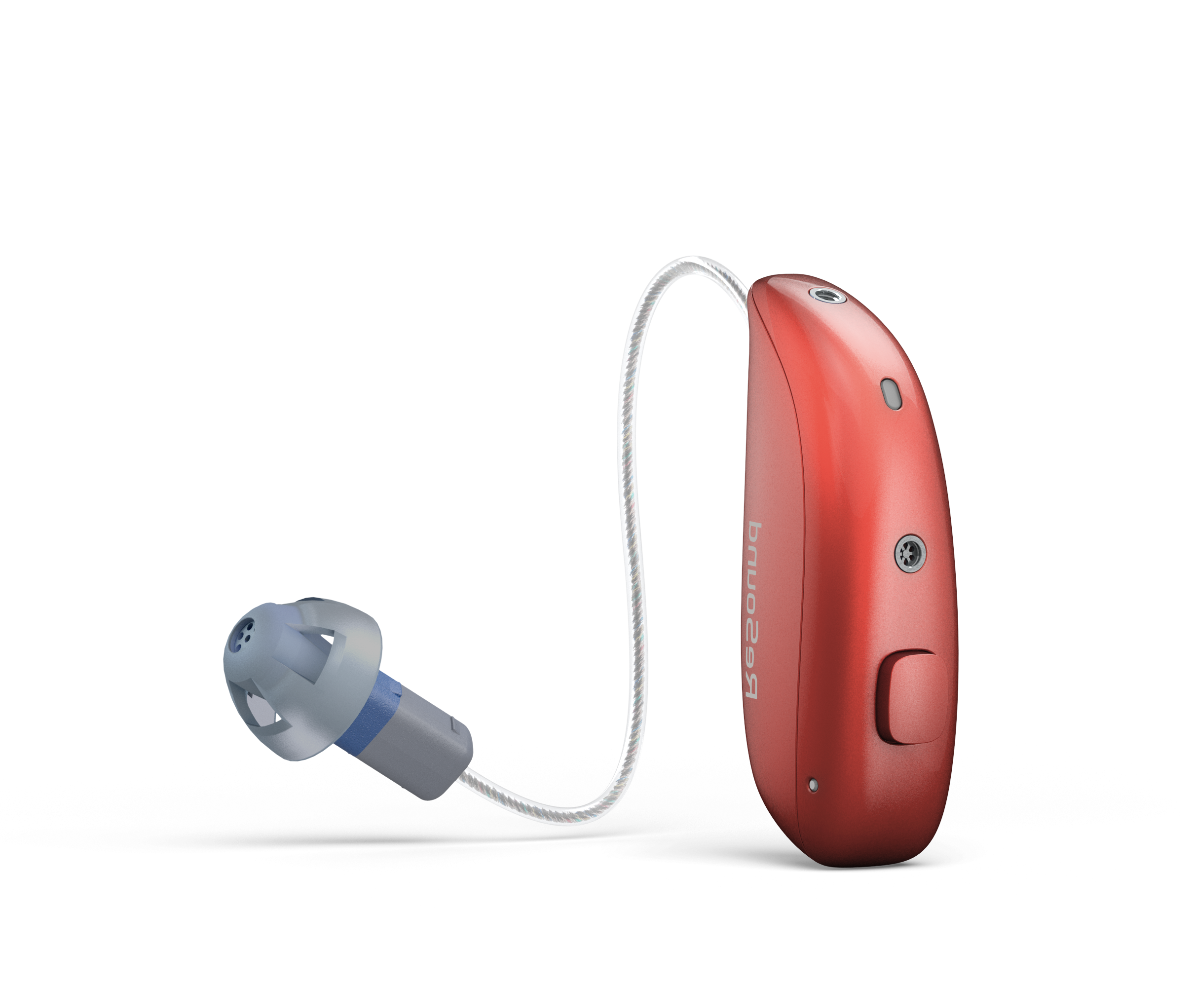 ReSound Vivia 5 rechargeable hearing aid in red color.