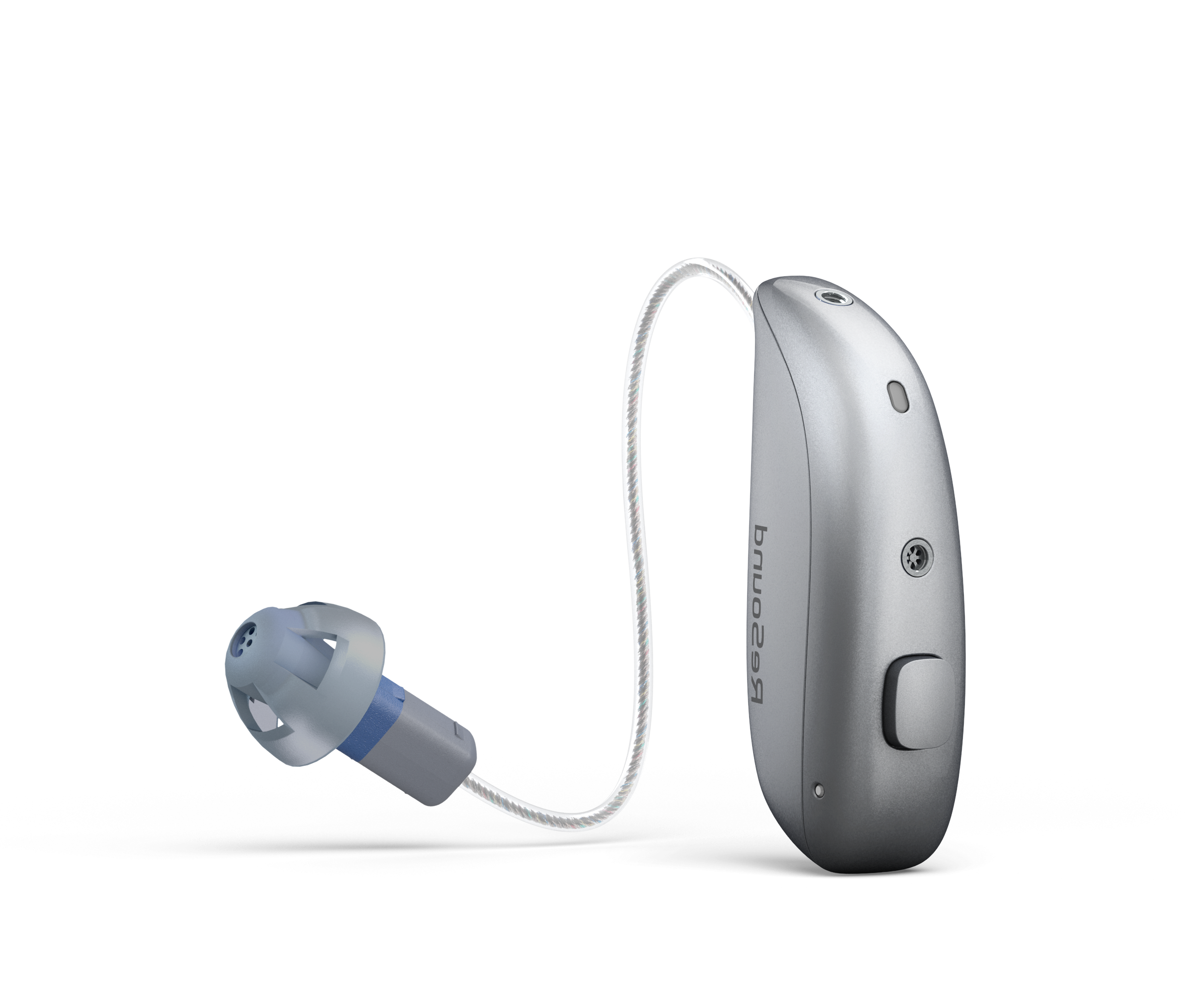 RS VI microRIE 60S Sparkling Silver e1766522175270 | ReSound Vivia 9<br>Rechargeable Hearing Aids ReSound Vivia 9 hearing aid in sparkling silver color